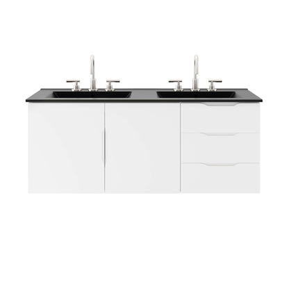 Vitality 48in double sink vanity with black countertop, chrome faucets, white base cabinets on Tampa Home & Garden Store