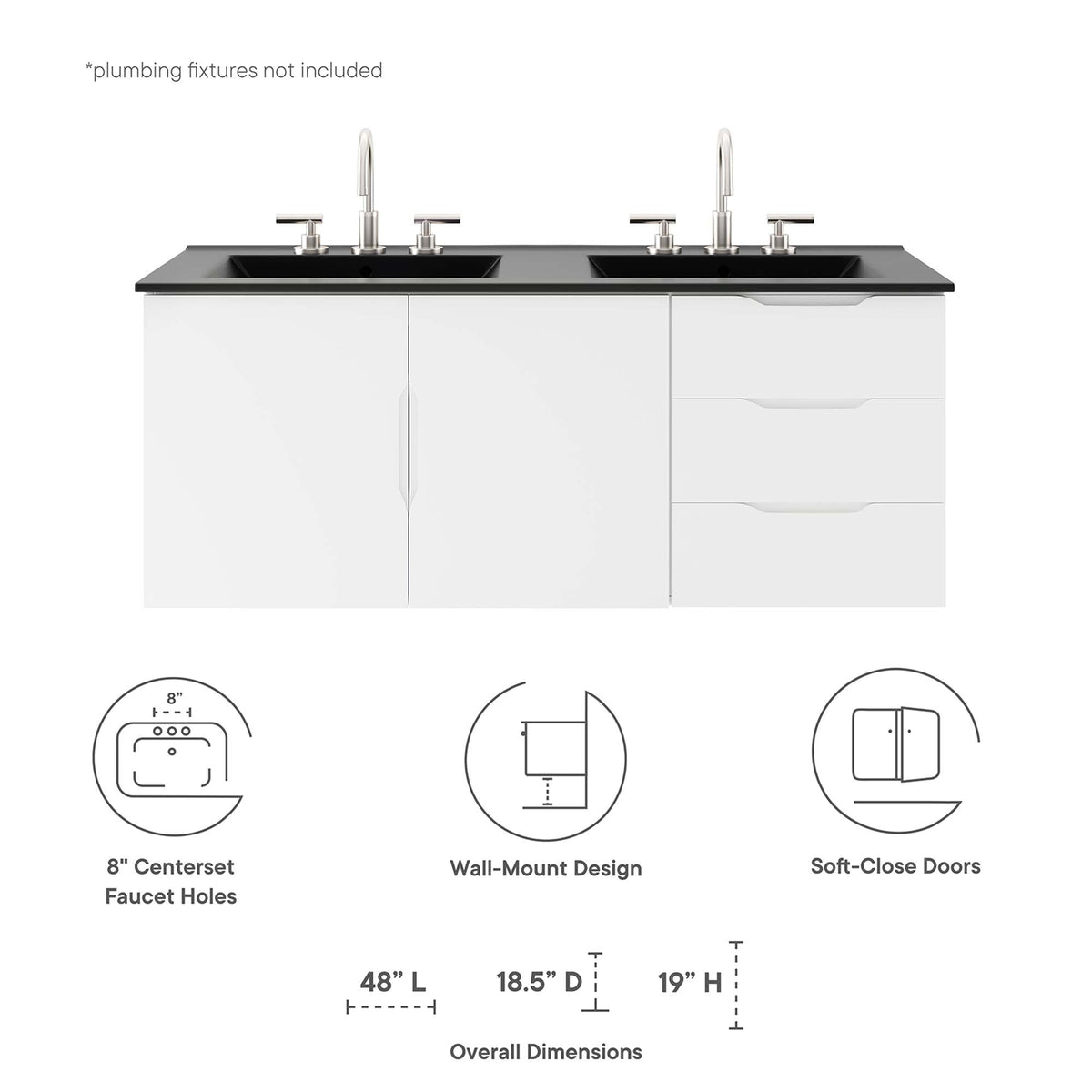 Vitality 48in double-sink bathroom vanity with black countertop and chrome faucets on Tampa Home & Garden Store