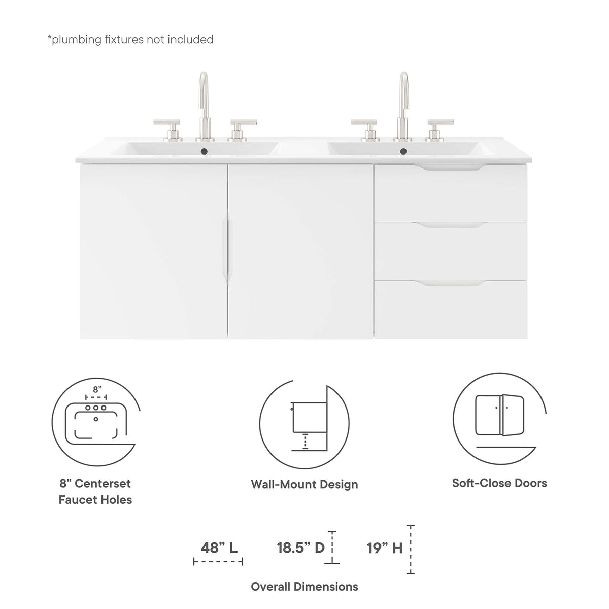 Vitality 48" Double Sink Bathroom Vanity by Modway, white cabinet with dual sinks on Tampa Home & Garden Store