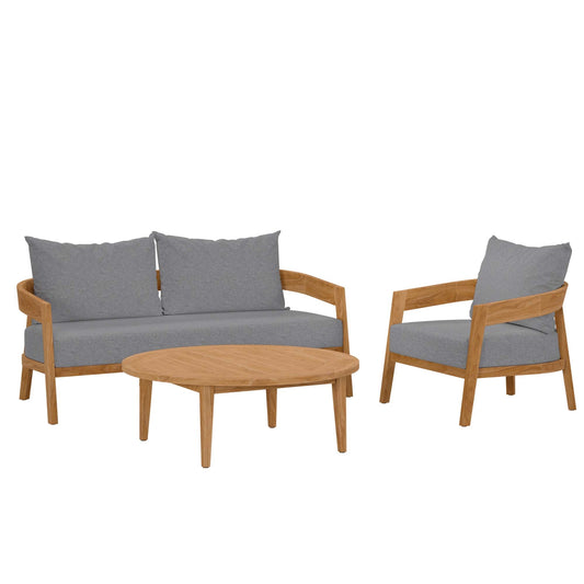 Brisbane 3-Piece Teak Wood Patio Set with two grey-cushioned chairs and round coffee table on Tampa Home & Garden Store