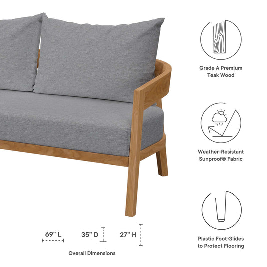 Brisbane 3-Piece Teak Wood Outdoor Patio Set with grey cushions and natural teak frame on Tampa Home & Garden Store
