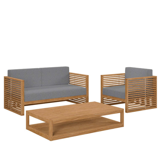 Carlsbad 3-Piece Teak Wood Outdoor Patio Set with grey cushions and teak-framed seating on Tampa Home & Garden Store