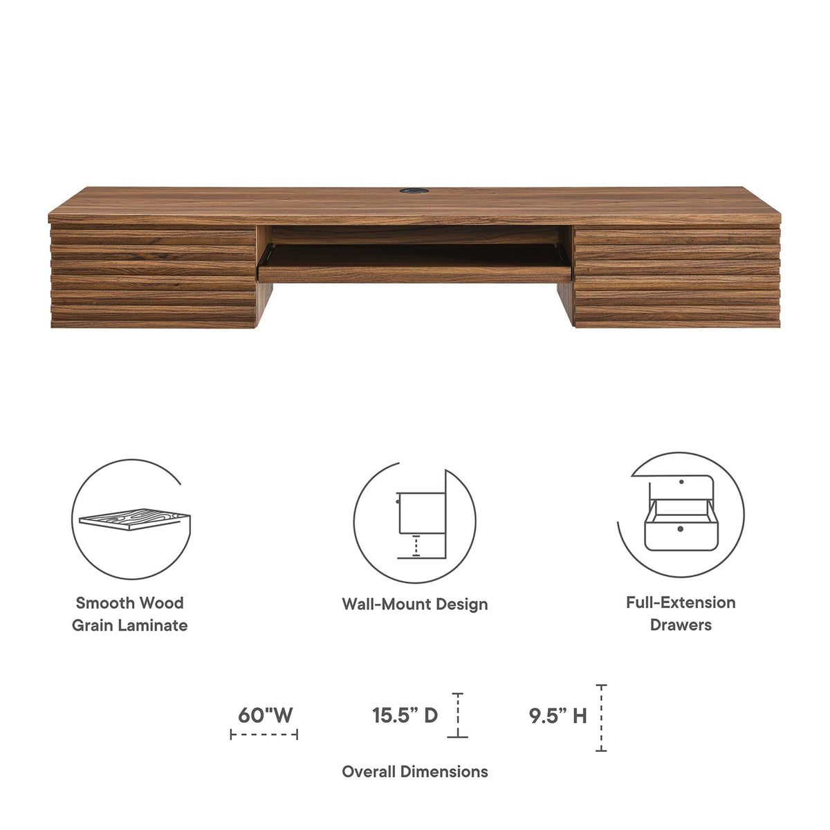 Render Wall Mount Wood Office Desk by Modway in warm walnut laminate with ends and shelf on Tampa Home & Garden Store