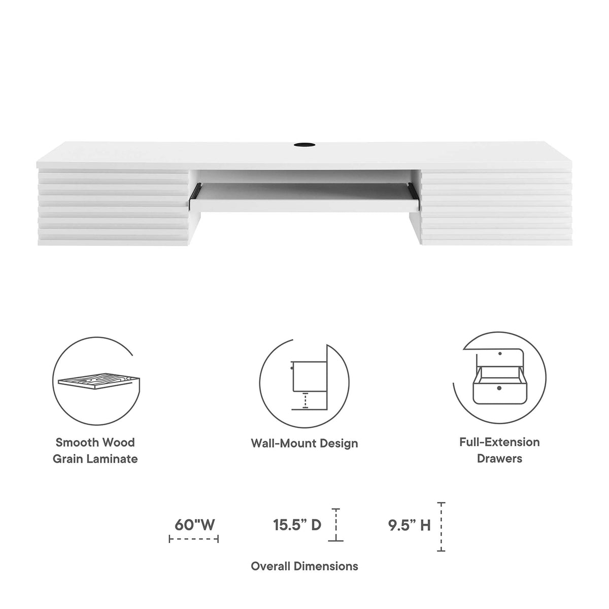 Render Wall Mount Wood Office Desk by Modway, white smooth wood grain laminate, wall-mount design with open drawer on Tampa Home & Garden Store