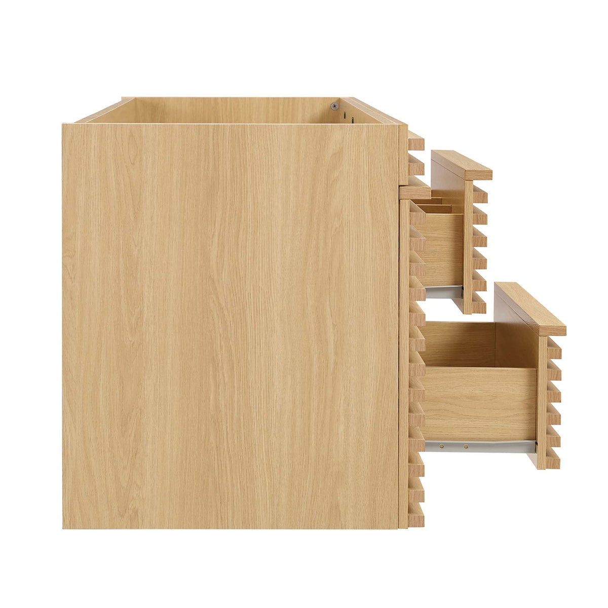 Render 48in single-sink bathroom vanity cabinet in light oak with open slat side storage on Tampa Home & Garden Store