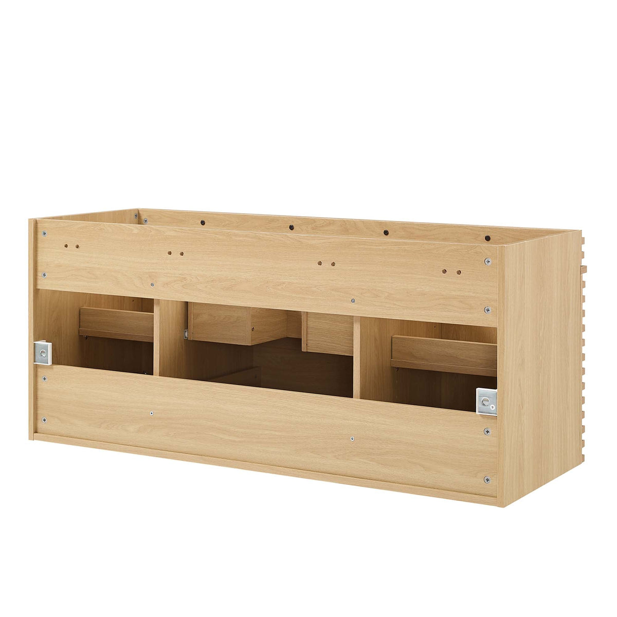 Render 48-inch bathroom vanity cabinet in natural wood with open storage bays on Tampa Home & Garden Store