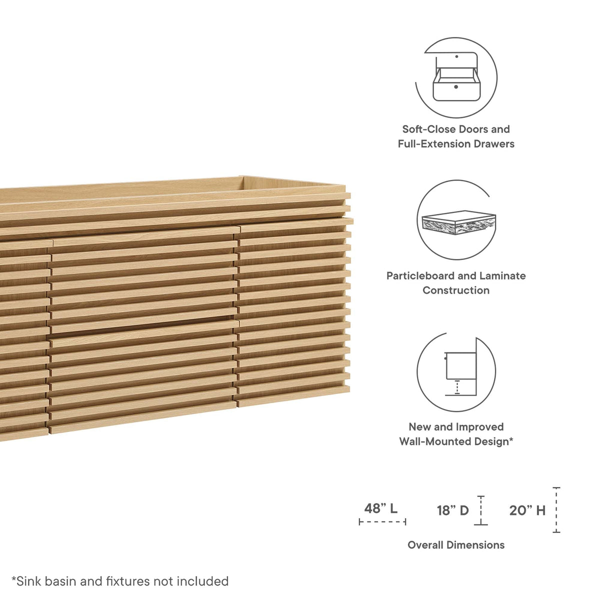 Bathroom vanity cabinet 48-inch single-sink with light wood slatted exterior HouseOfZazla on Tampa Home & Garden Store