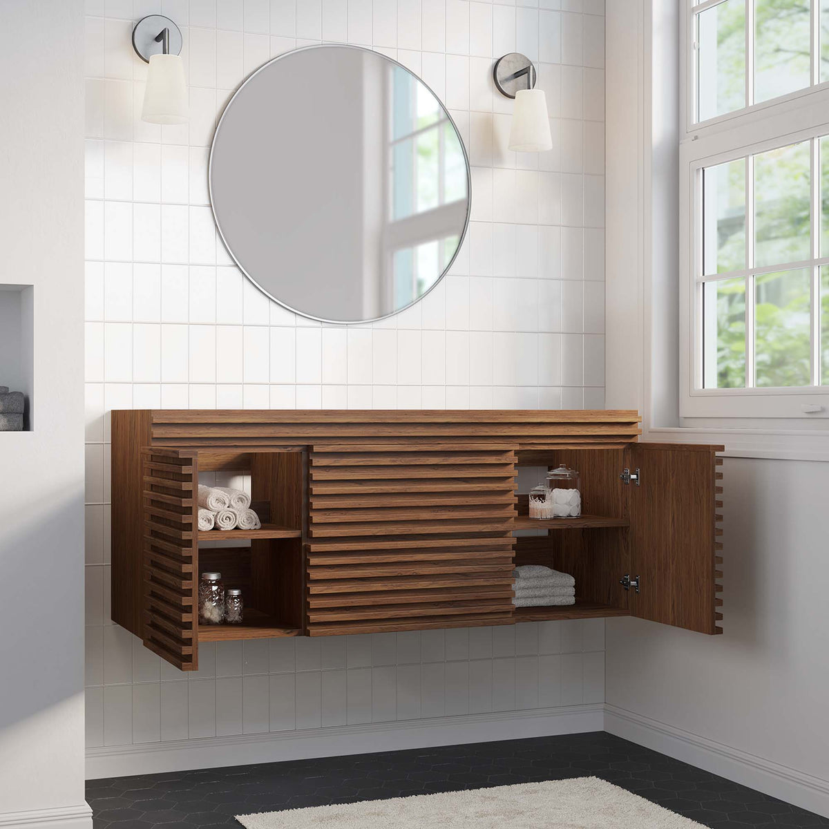 Render 48in single sink bathroom vanity cabinet by Modway in warm wood with slatted storage on Tampa Home & Garden Store