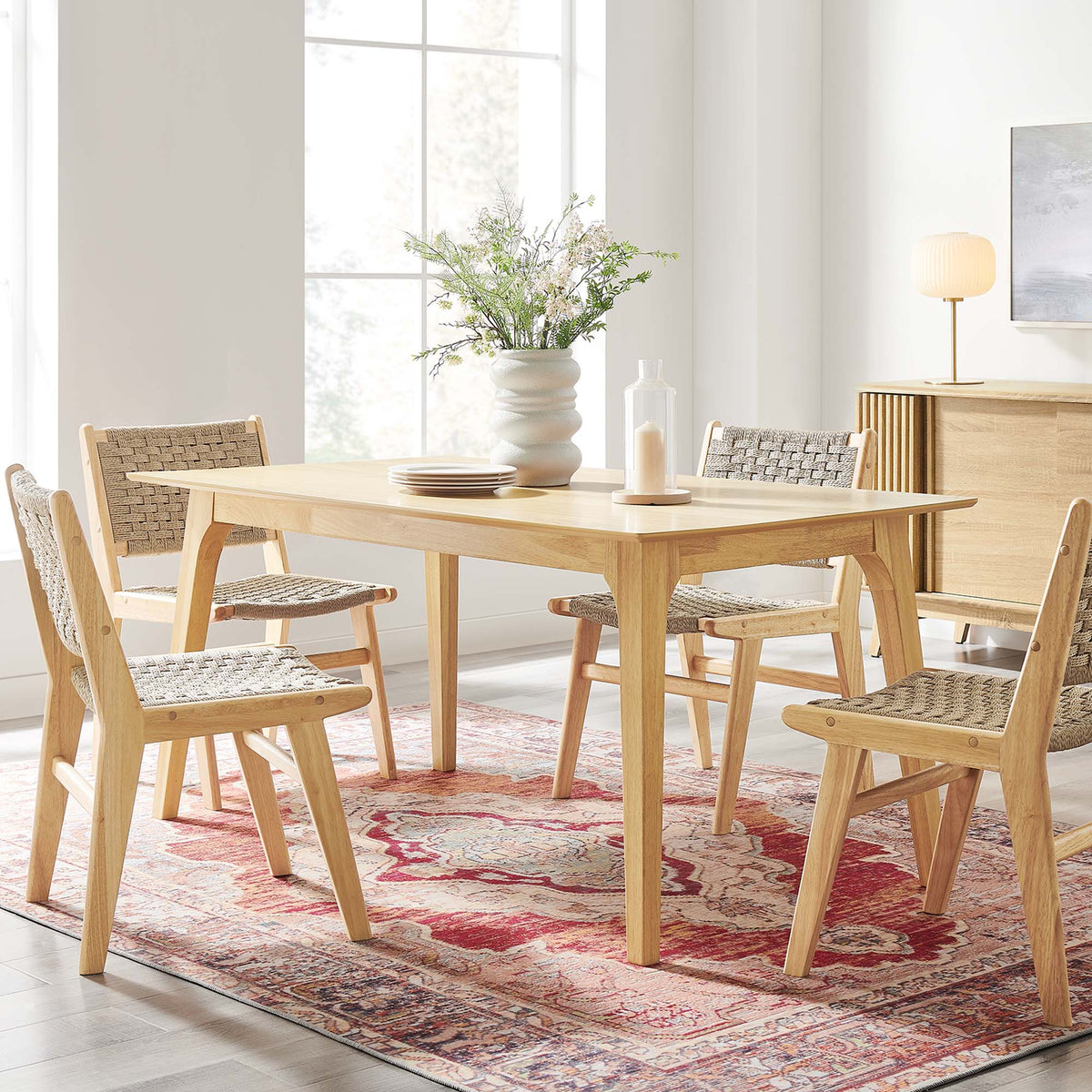 Juxtapose 63in Rectangle Dining Table by Modway in natural wood with woven chairs on Tampa Home & Garden Store