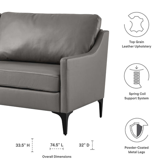 Corland Leather Sofa gray top-grain leather upholstery with powder-coated metal legs by HouseOfZazla on Tampa Home & Garden Store