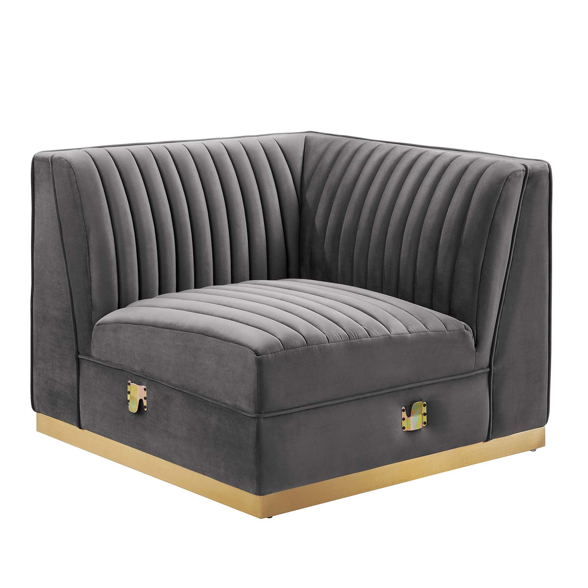 Sanguine channel-tufted velvet modular sectional right corner chair in dark gray with gold base on Tampa Home & Garden Store