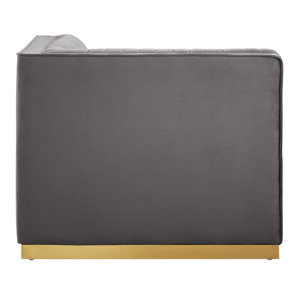 Sanguine Channel Tufted Velvet Sofa, right corner chair in charcoal with gold base on Tampa Home & Garden Store