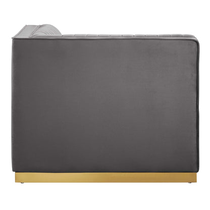 Sanguine Channel Tufted Velvet Sofa, right corner chair in charcoal with gold base on Tampa Home & Garden Store