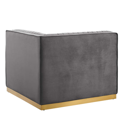 Sanguine channel tufted velvet modular sofa right corner chair in charcoal with gold-tone base on Tampa Home & Garden Store