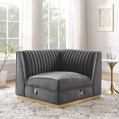 Sanguine channel-tufted performance velvet right corner chair in dark gray with gold base on Tampa Home & Garden Store