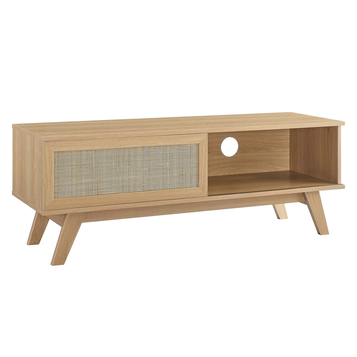 Soma 47in TV stand by Modway in oak with woven cane panel and circular cutout HouseOfZazla on Tampa Home & Garden Store
