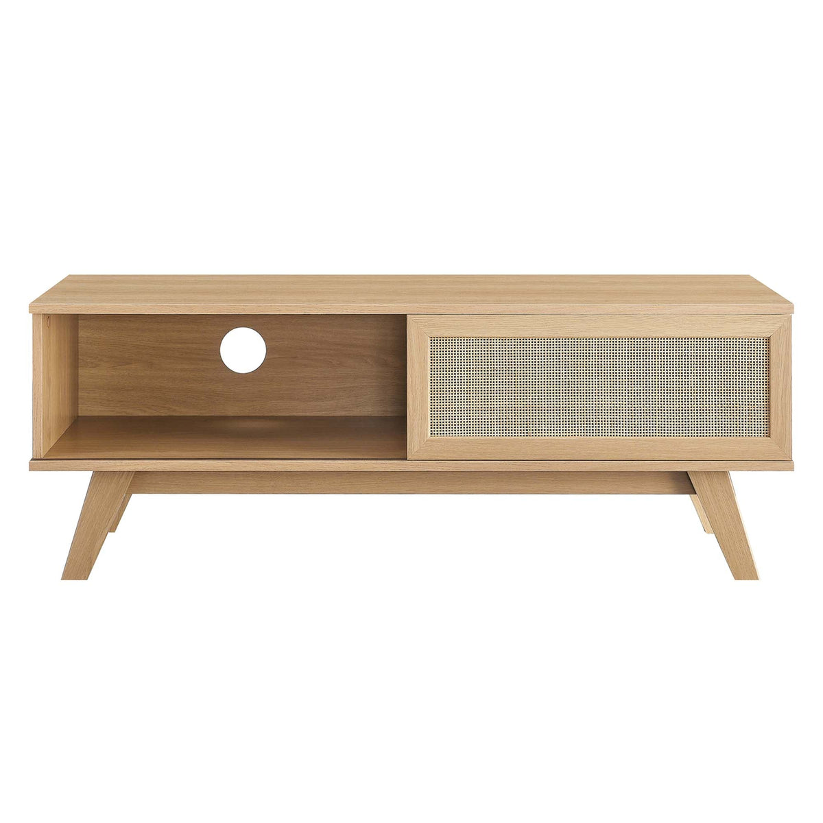 Soma 47-inch TV Stand by Modway in light oak with open shelf and cane-woven cabinet on Tampa Home & Garden Store