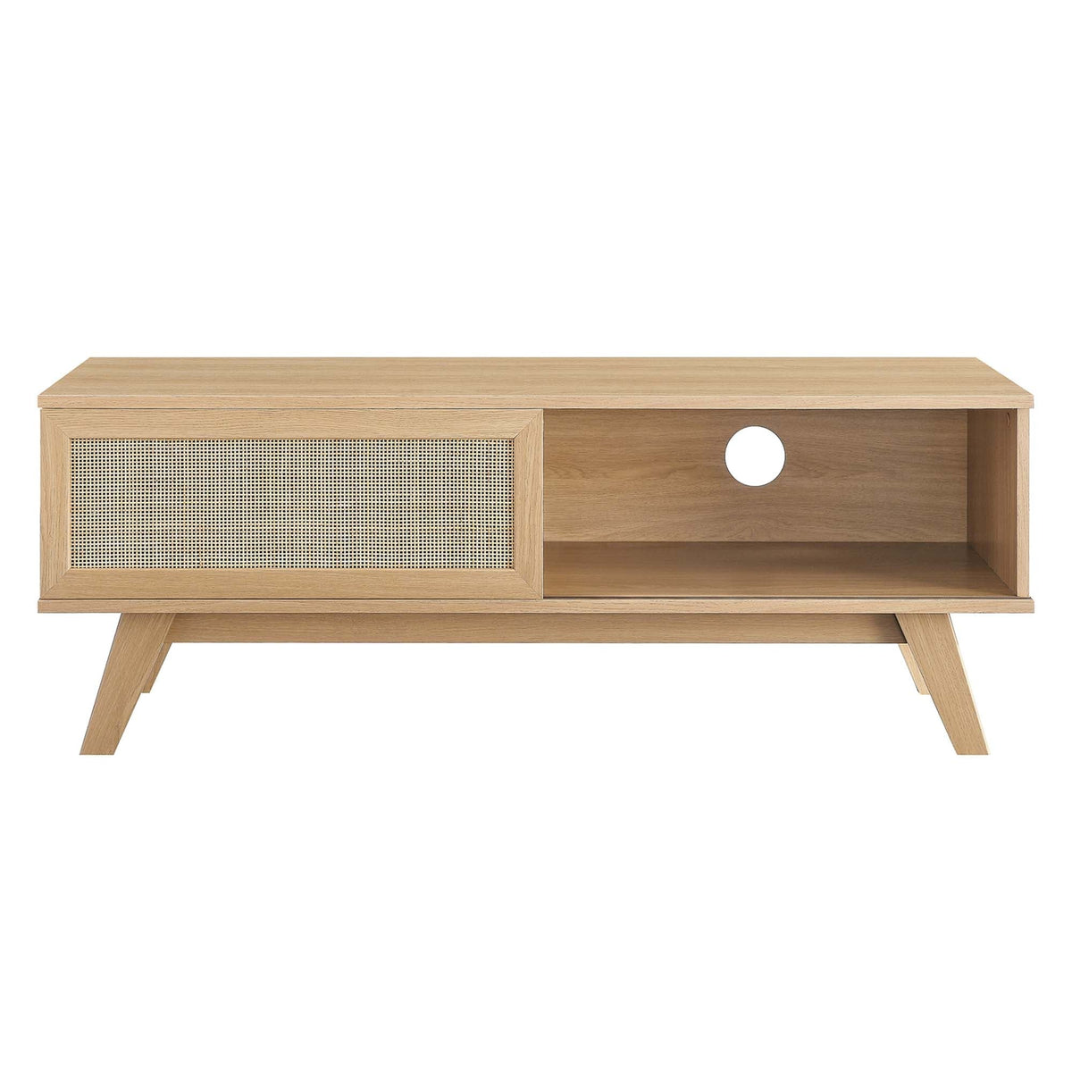 Soma 47-inch TV Stand by Modway in light oak with woven cane panel and circular cable hole on Tampa Home & Garden Store