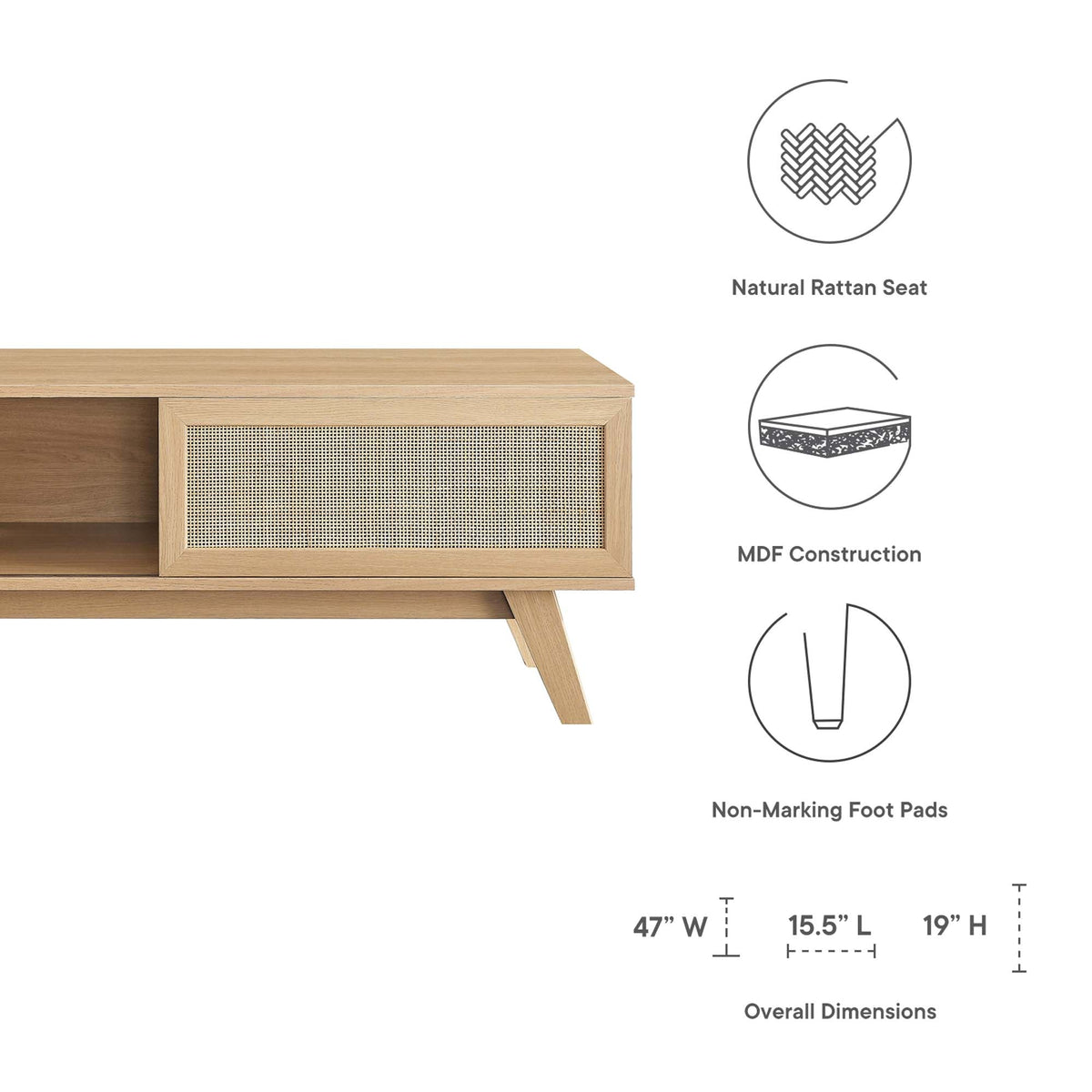 Soma 47in TV Stand by Modway, natural wood with woven rattan front, MDF construction on Tampa Home & Garden Store