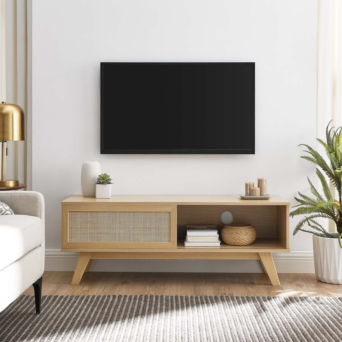 Soma 47in TV Stand by Modway in light wood with woven cane doors on Tampa Home & Garden Store