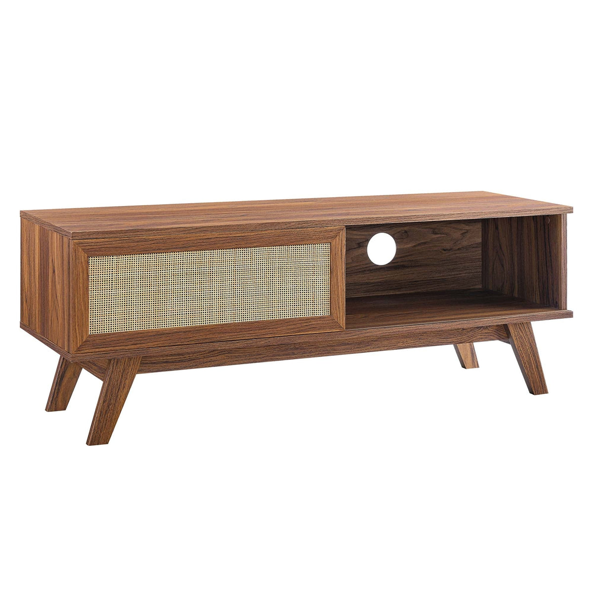 Soma 47in TV Stand, walnut veneer with woven cane panel, mid-century legs HouseOfZazla on Tampa Home & Garden Store
