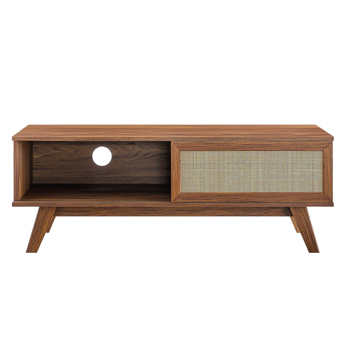 Soma 47in TV stand by Modway in warm wood with open shelf and cane-front panel, mid-century legs on Tampa Home & Garden Store