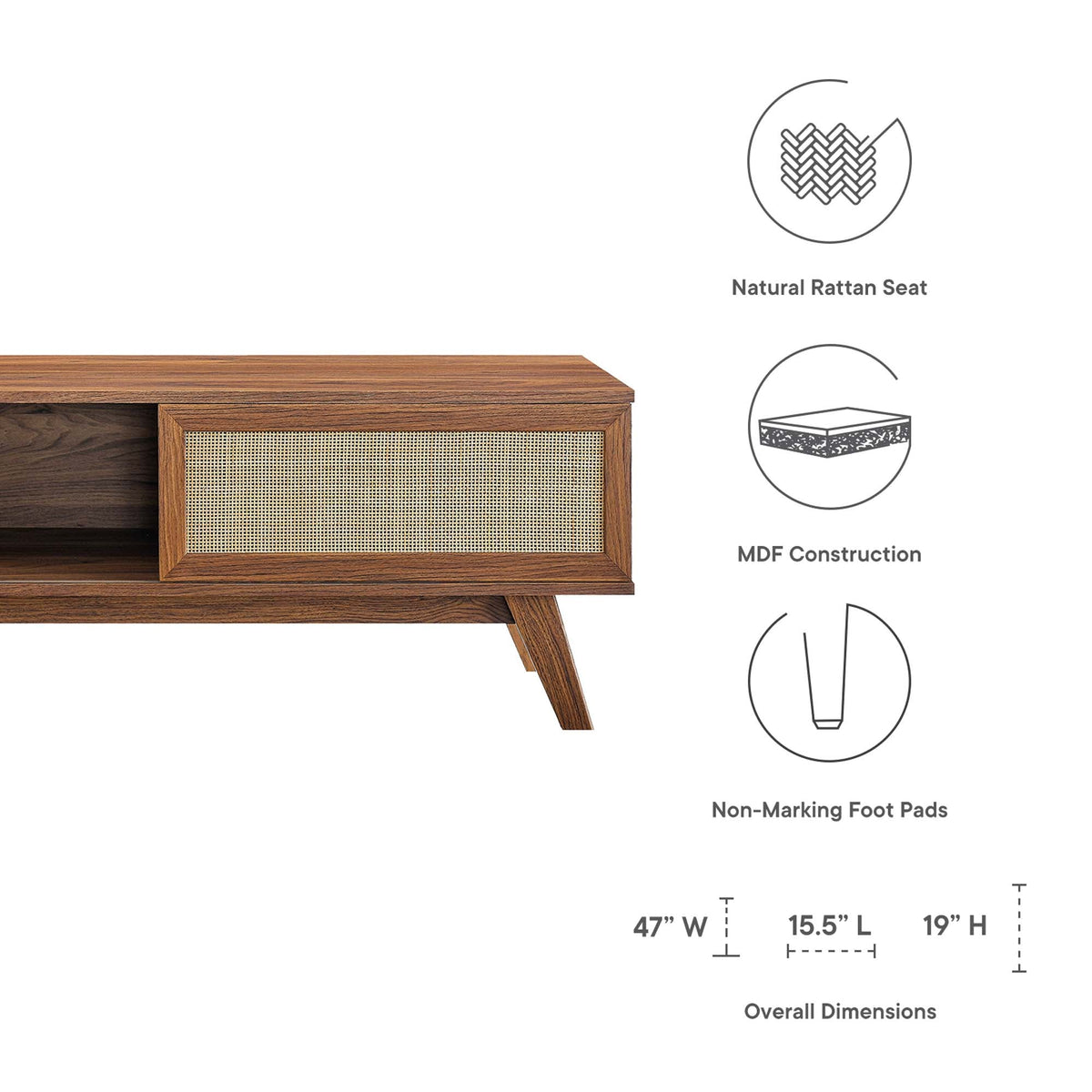 Soma 47in TV Stand by Modway in natural wood with cane front panel on Tampa Home & Garden Store