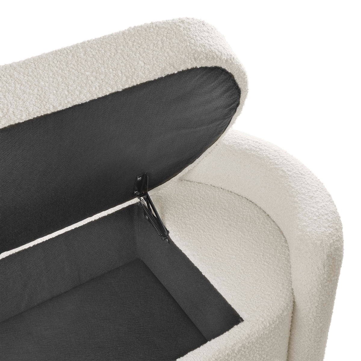 Nebula Boucle Upholstered Bench in cream with black contrast panel and zipper detail on Tampa Home & Garden Store