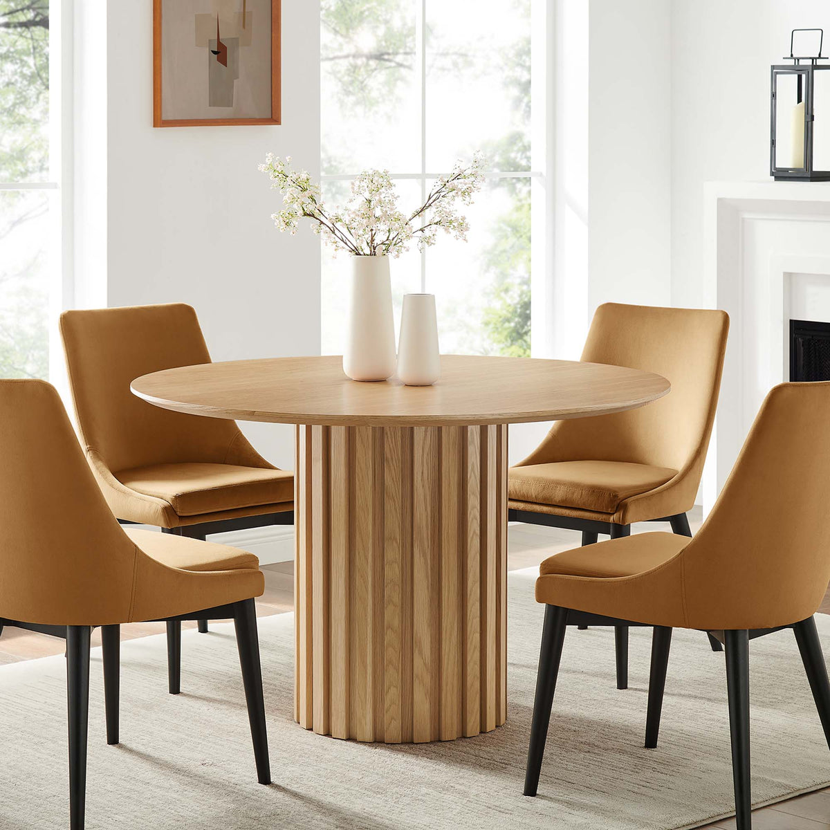 Senja 47in Round Dining Table by Modway with wood pedestal base and 4 tan chairs on Tampa Home & Garden Store