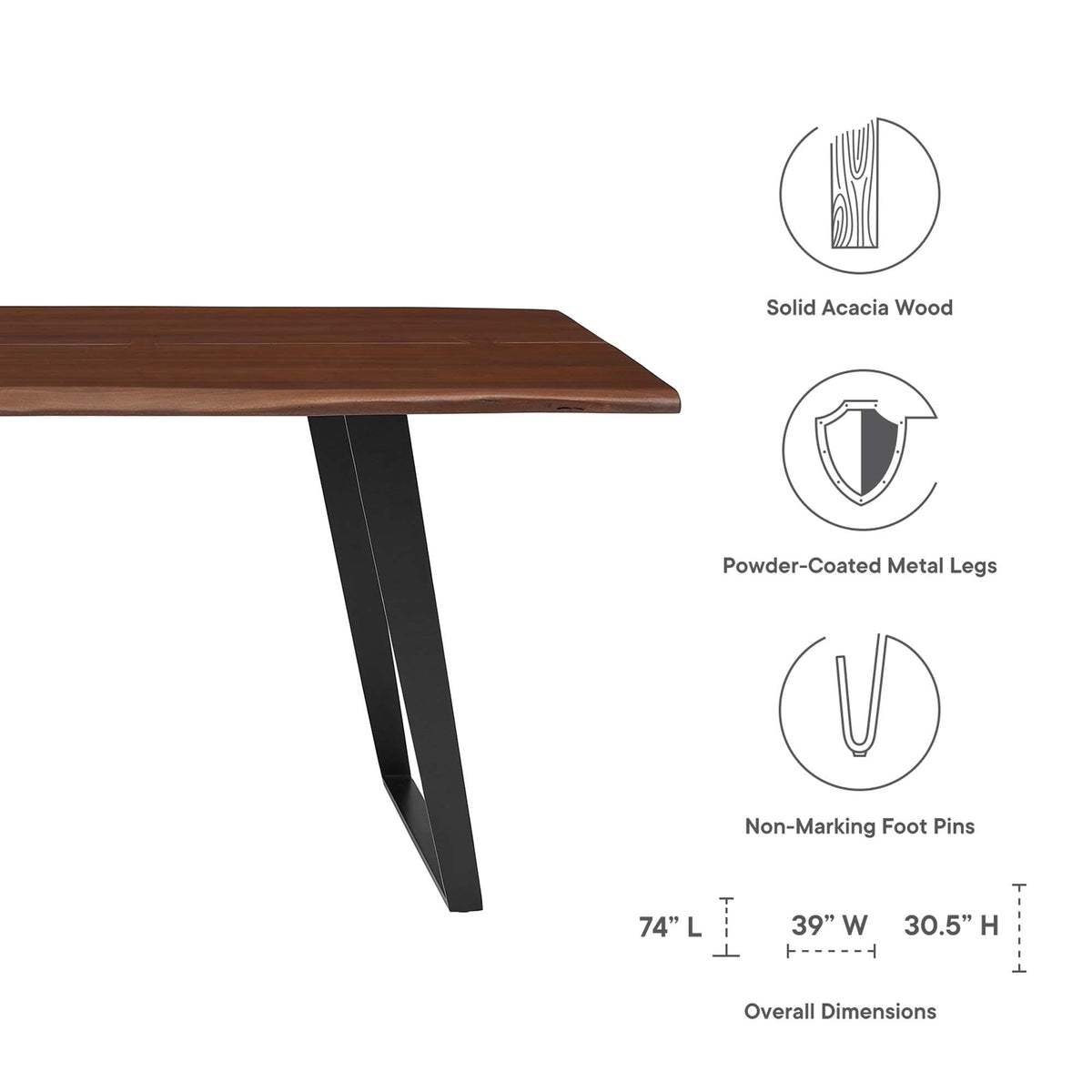 Viggo live edge acacia wood dining table with powder-coated metal legs, 74in long on Tampa Home & Garden Store