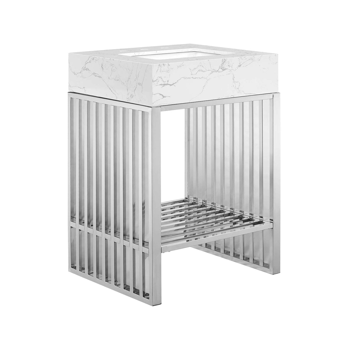 Gridiron 24-inch bathroom vanity by Modway in chrome with white marble top and open slatted base on Tampa Home & Garden Store