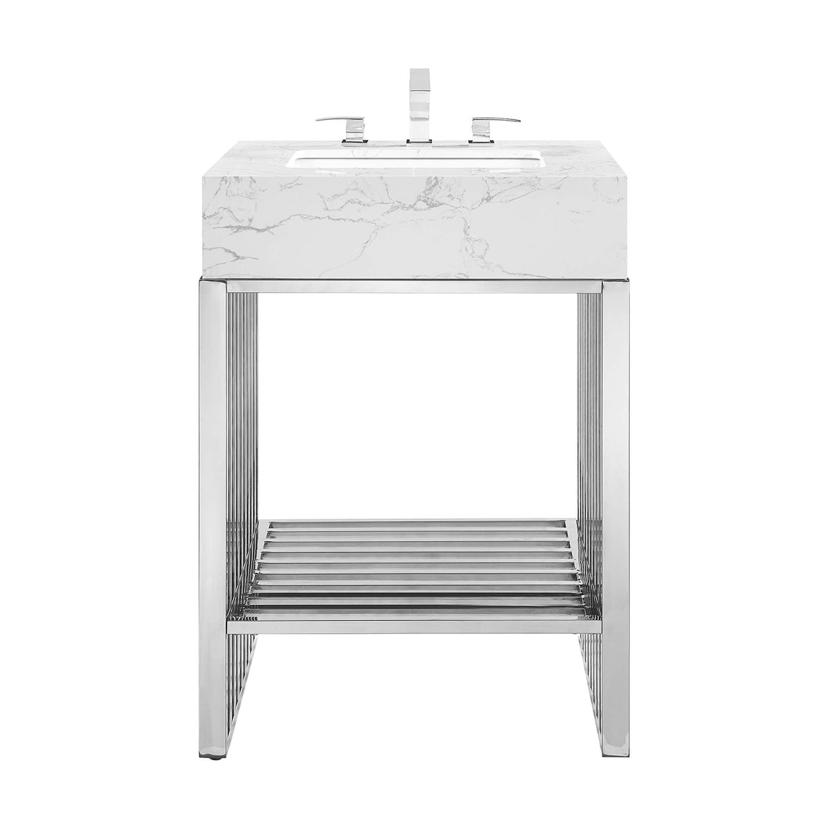 Gridiron 24in bathroom vanity by Modway, white marble top with gray veining, chrome faucet on Tampa Home & Garden Store