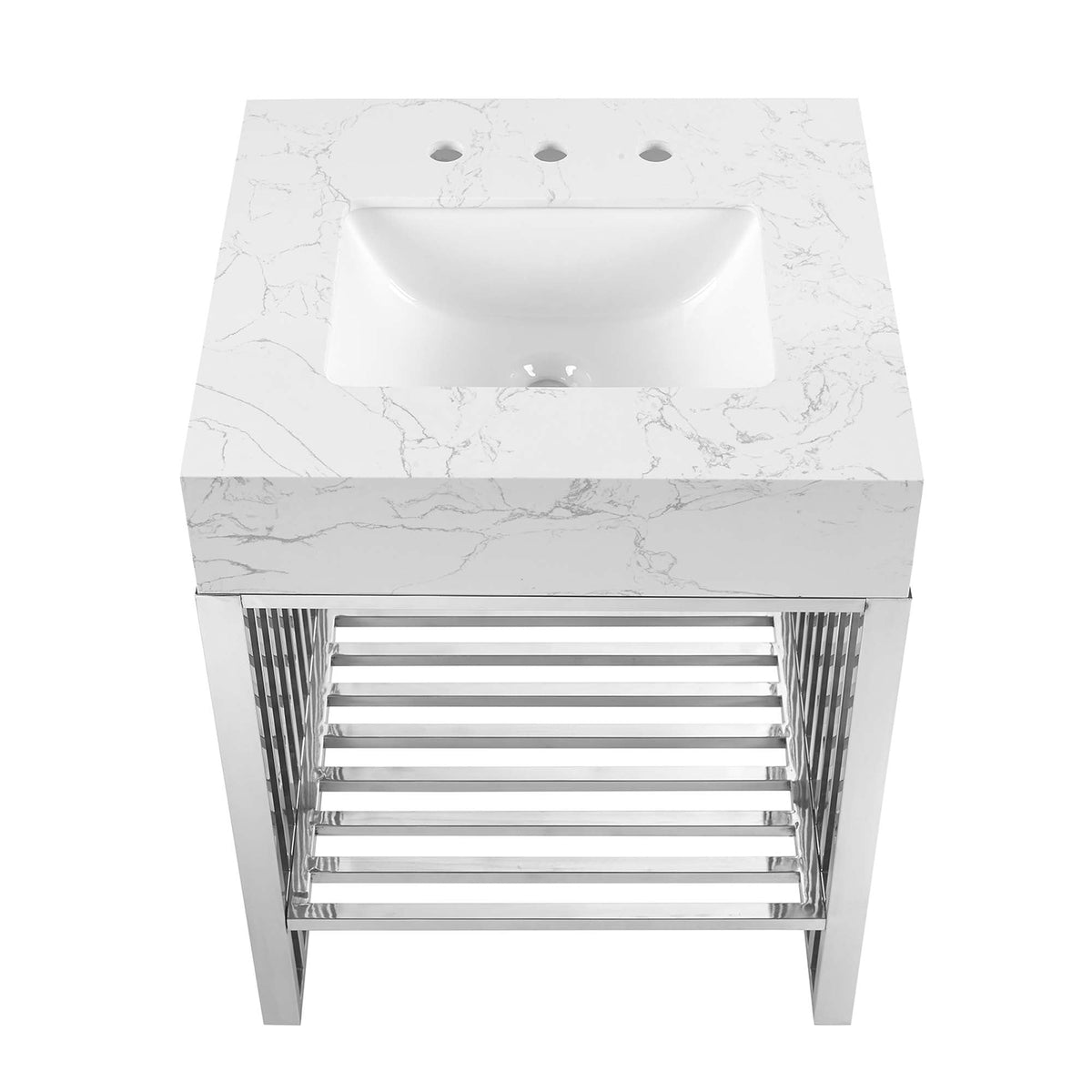 Gridiron 24in bathroom vanity with white marble countertop and three faucet holes, chrome base on Tampa Home & Garden Store