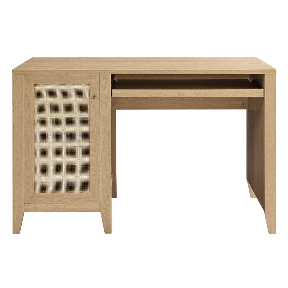 Soma Office Desk by Modway, light oak finish with woven cane cabinet door and open drawer on Tampa Home & Garden Store