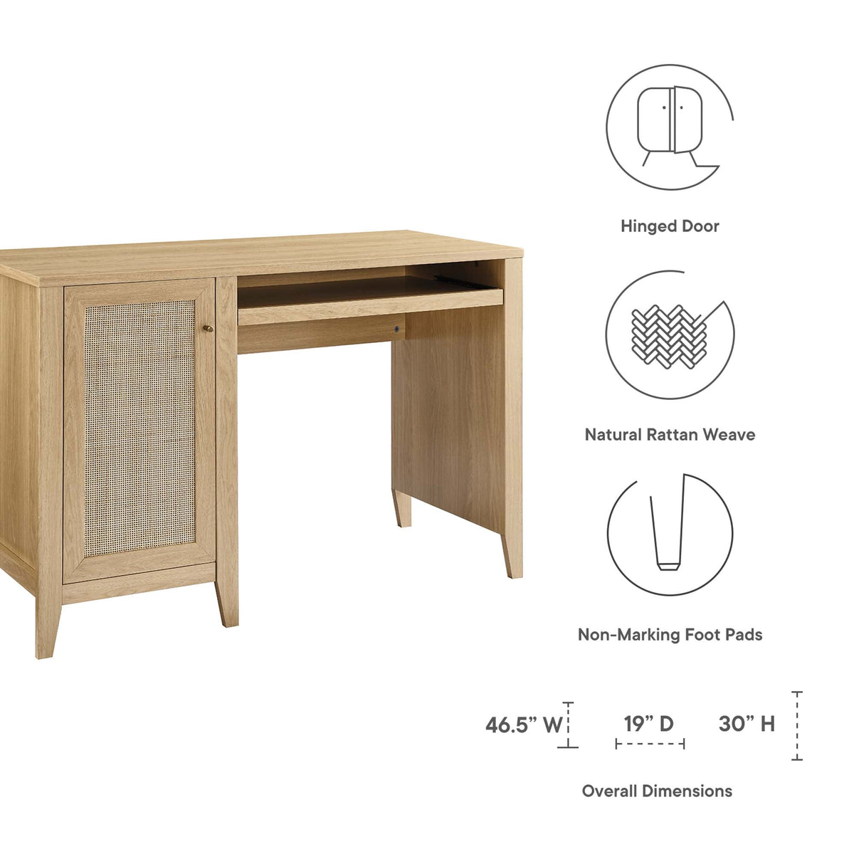 Soma Office Desk by Modway, natural oak finish with woven rattan cabinet door and open shelf on Tampa Home & Garden Store