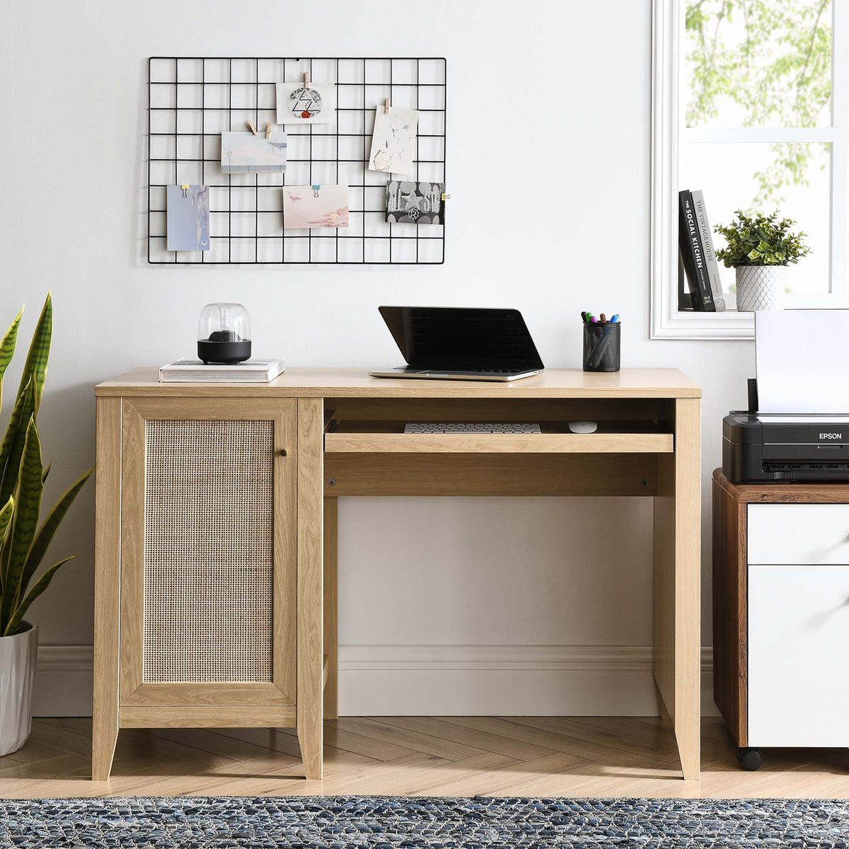 Soma Office Desk by Modway, natural oak desk with woven cabinet panel and open storage, laptop setup on Tampa Home & Garden Store