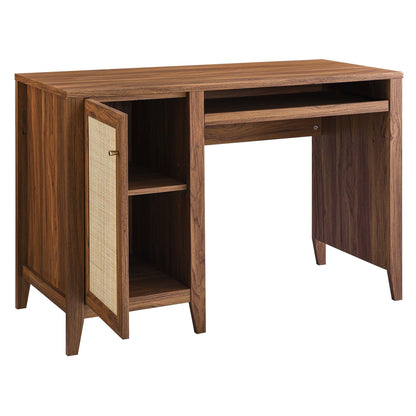 Modway Soma Office Desk in walnut finish with cane-panel cabinet and open shelf on Tampa Home & Garden Store