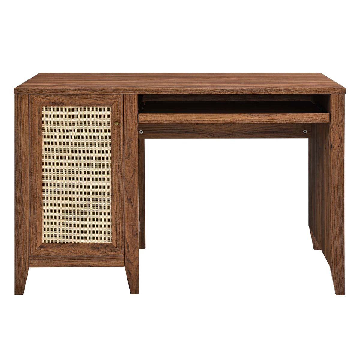 Soma Office Desk Modway walnut wood with woven cane panel cabinet and open shelf on Tampa Home & Garden Store