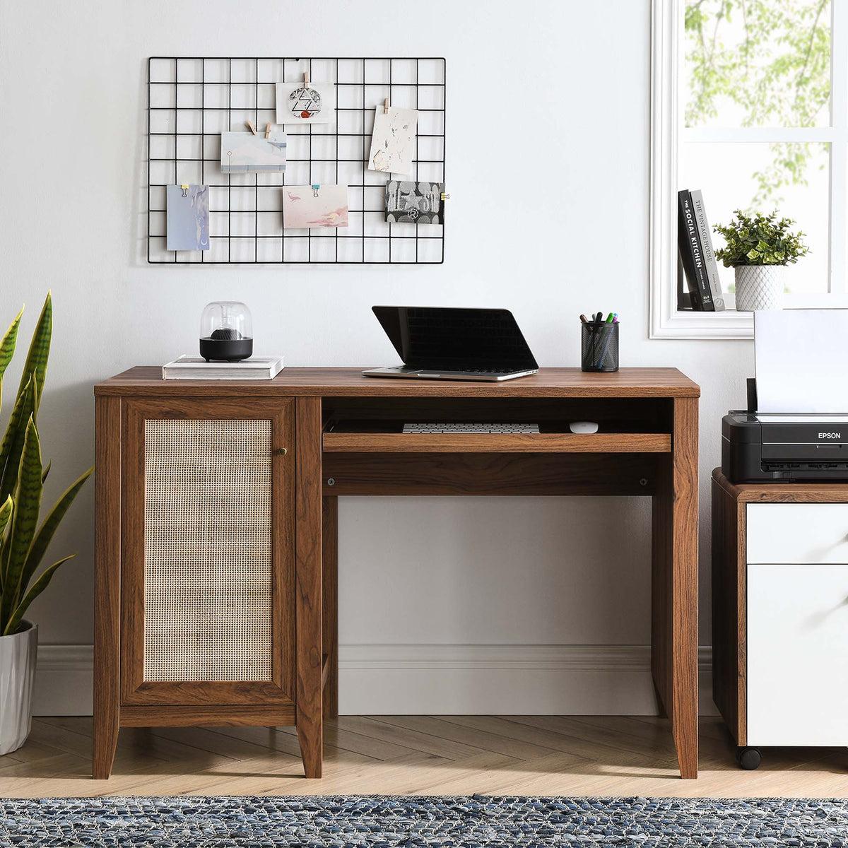 Soma Office Desk by Modway, oak wood finish with woven cane cabinet accent on Tampa Home & Garden Store
