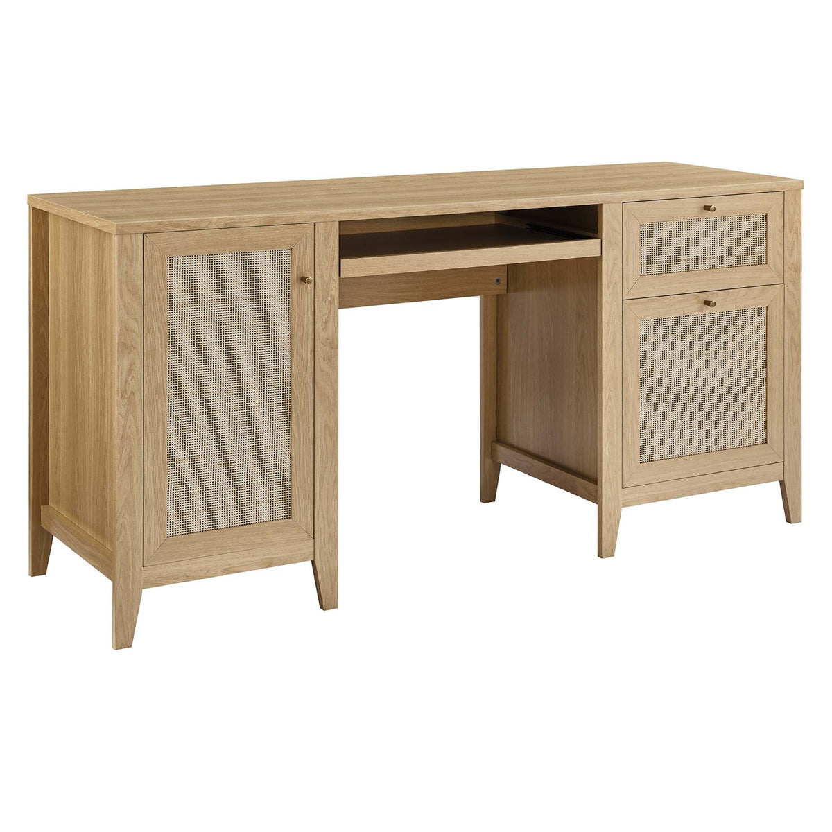 Soma Office Desk by Modway in natural oak with cane-woven cabinet panels and open center shelf on Tampa Home & Garden Store