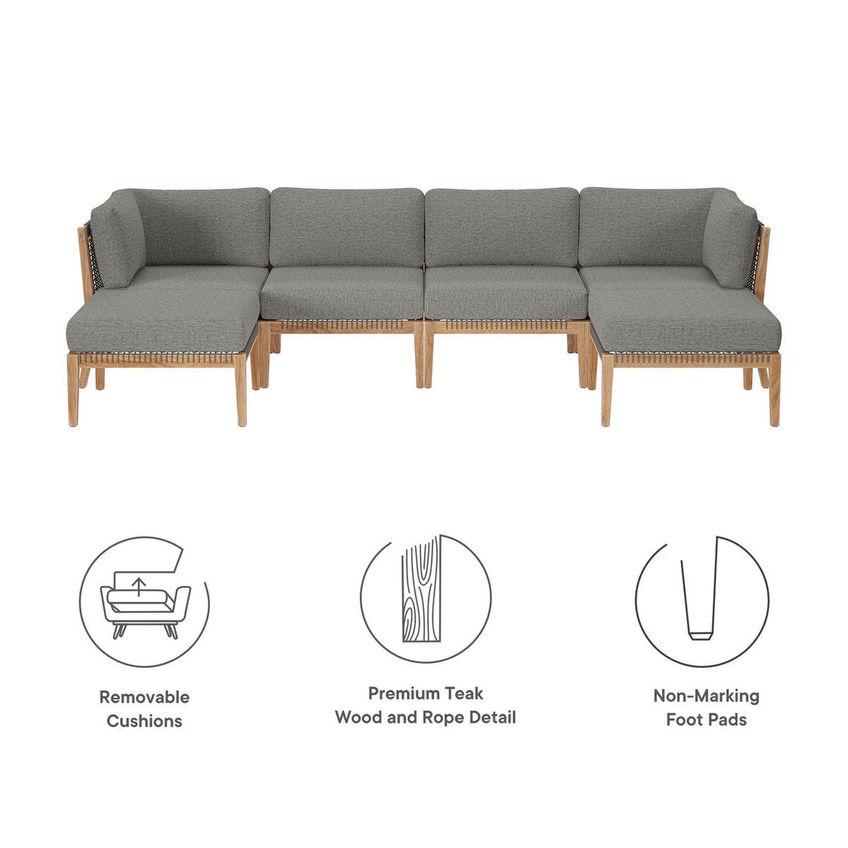Clearwater 6-Piece Outdoor Teak Wood Sectional Sofa with gray cushions on Tampa Home & Garden Store