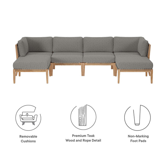 Clearwater 6-Piece Outdoor Teak Wood Sectional Sofa with gray cushions on Tampa Home & Garden Store