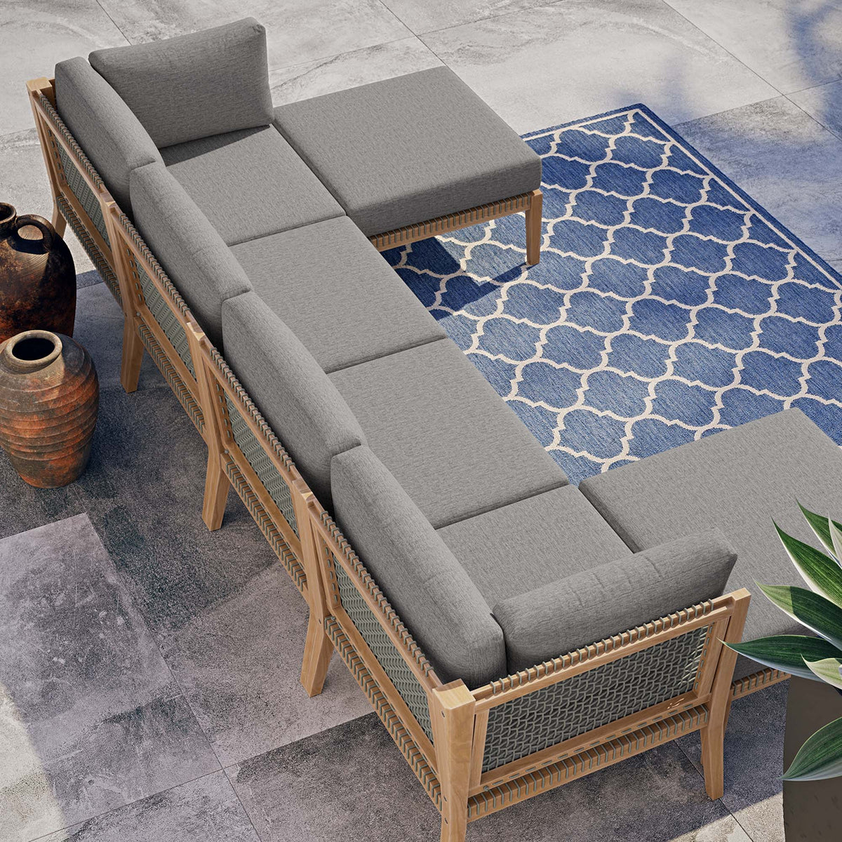 Clearwater 6-Piece Outdoor Teak Wood Sectional Sofa with gray cushions by Modway on Tampa Home & Garden Store