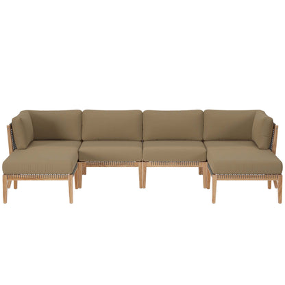 Clearwater 6-Piece teak wood outdoor sectional sofa with beige cushions and woven sides Modway on Tampa Home & Garden Store