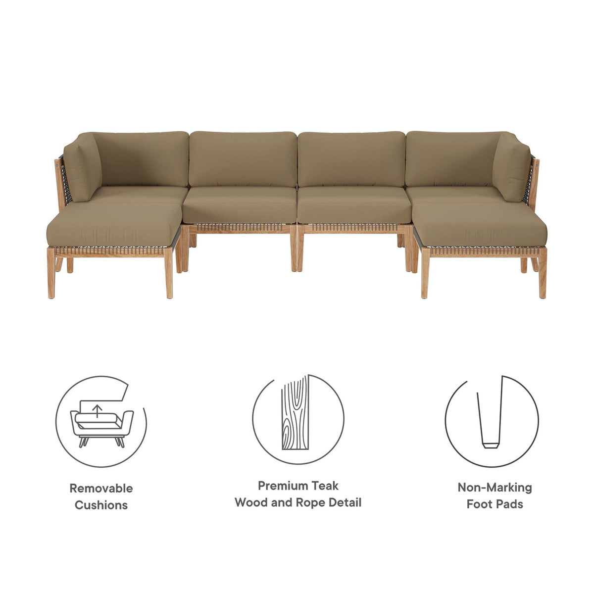 Clearwater 6-Piece Outdoor Teak Wood Sectional Sofa with taupe cushions by Modway on Tampa Home & Garden Store