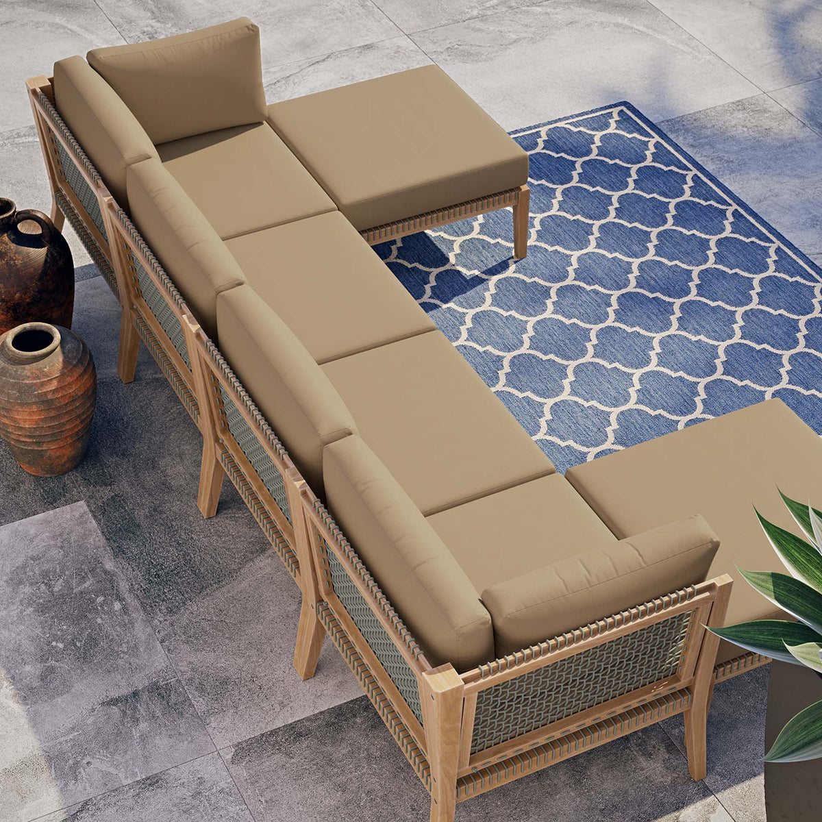 Clearwater 6-Piece Outdoor Patio Teak Wood Sectional Sofa with beige cushions by Modway on Tampa Home & Garden Store