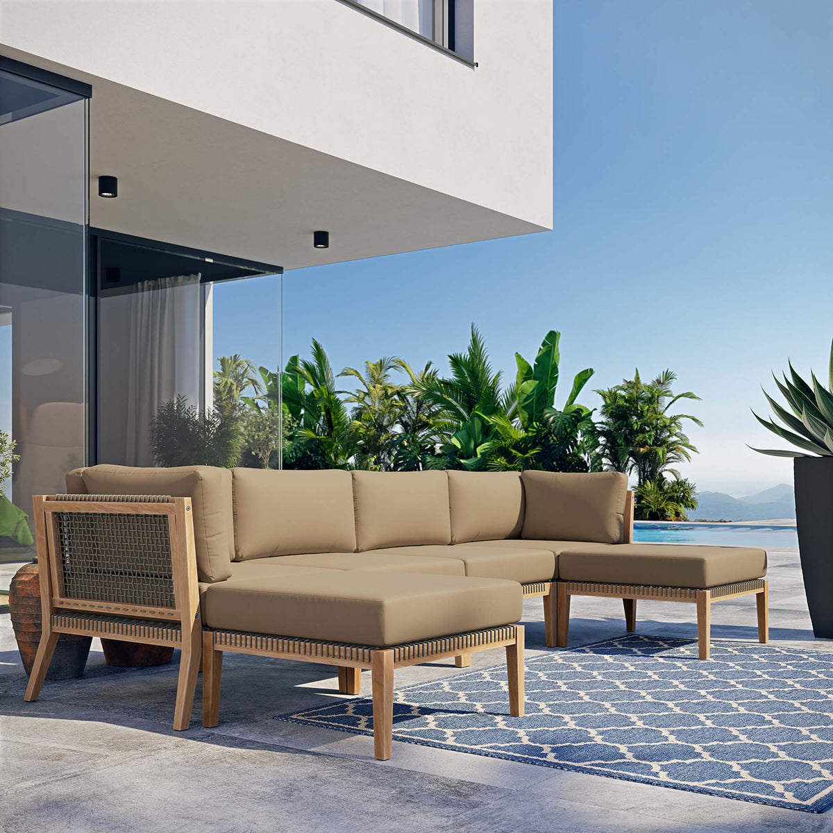 Clearwater 6-Piece Outdoor Patio Teak Wood Sectional Sofa with beige cushions by Modway on Tampa Home & Garden Store