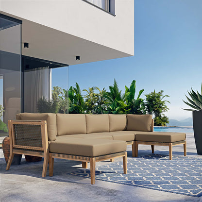 Clearwater 6-Piece Outdoor Patio Teak Wood Sectional Sofa with beige cushions by Modway on Tampa Home & Garden Store