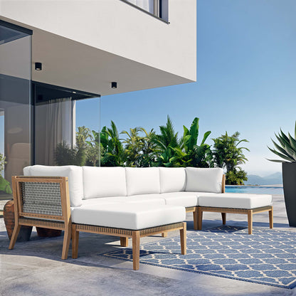 Clearwater 6-Piece Outdoor Teak Wood Sectional Sofa by Modway with white cushions on patio on Tampa Home & Garden Store
