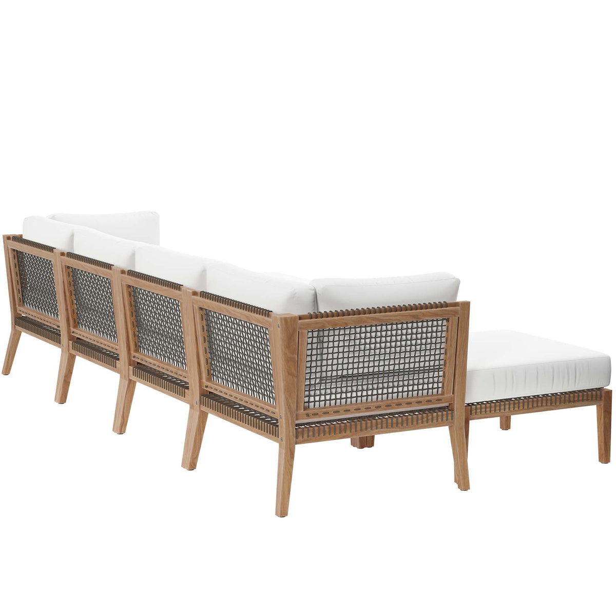 Clearwater 6-Piece Teak Outdoor Sofa with white cushions and woven back by Modway on Tampa Home & Garden Store